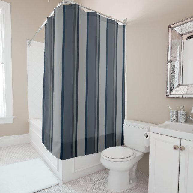 Blue and grey stripes shower curtain (In Situ)