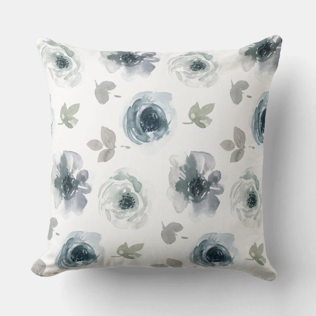 Blue and Grey Watercolor Flowers Throw Pillow (Front)