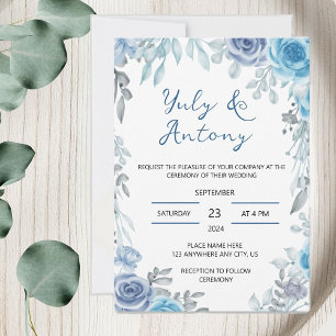 Blue and grey watercolor modern wedding invitation