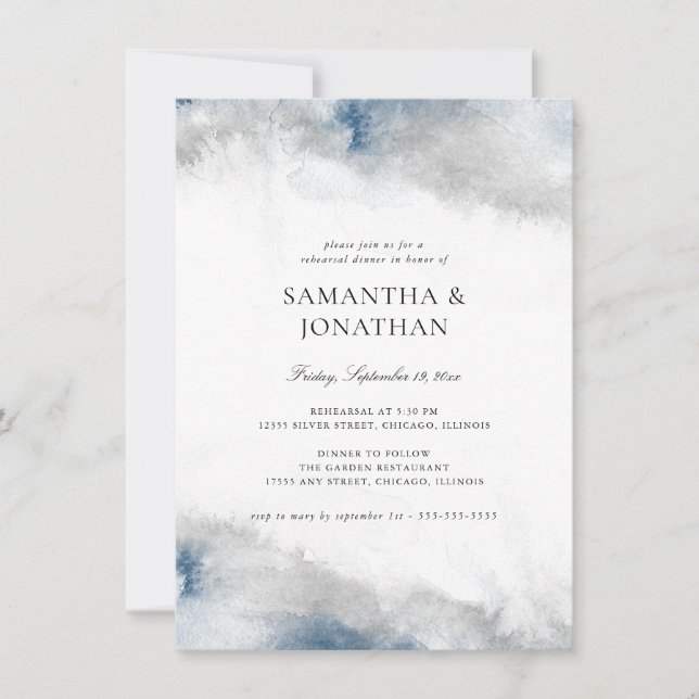 Blue and Grey Watercolor Wedding Rehearsal Dinner Invitation (Front)