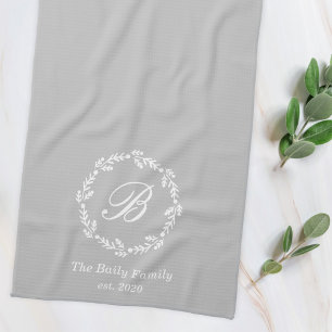Blue and Grey Winter Wreath Family Name Monogram Tea Towel