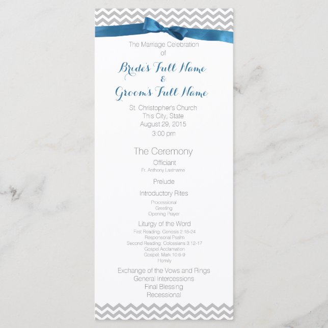 Blue and Grey Zigzag Pattern Wedding Program Programme (Front)