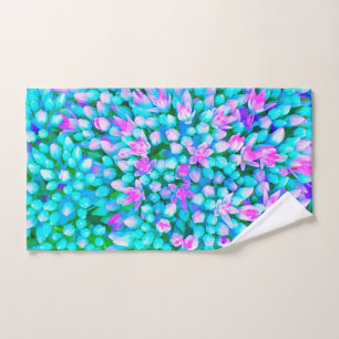 Blue and Hot Pink Succulent Sedum Flowers Detail Hand Towel