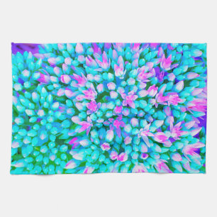 Blue and Hot Pink Succulent Sedum Flowers Detail Tea Towel