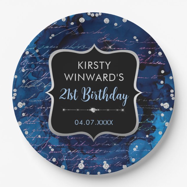 Blue and Iridescent Glitter Letters Birthday Paper Plate (Front)