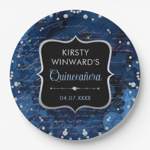 Blue and Iridescent Glitter Letters Quinceanera Paper Plate