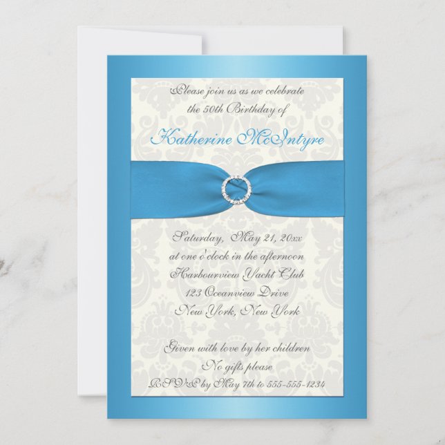 Blue and Ivory Damask 50th Birthday Invite (Front)