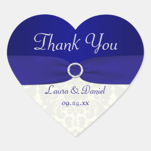 Blue and Ivory Damask Heart Shaped Wedding Sticker