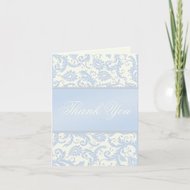 Blue and Ivory Damask Thank You Card (Front)