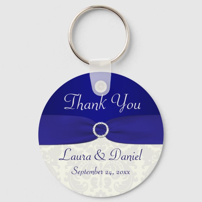 Blue and Ivory Damask Wedding Favour Key Chain (Front)