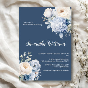 Blue and ivory floral girl baby shower invitation 