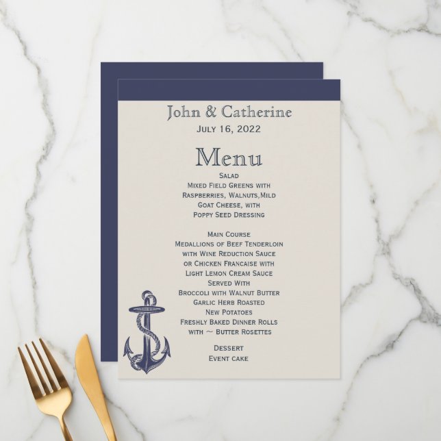 Blue and Ivory Nautical Themed Wedding Menu (Front/Back In Situ)