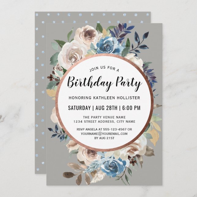 Blue and Ivory Rustic Floral Birthday Party Invitation (Front/Back)