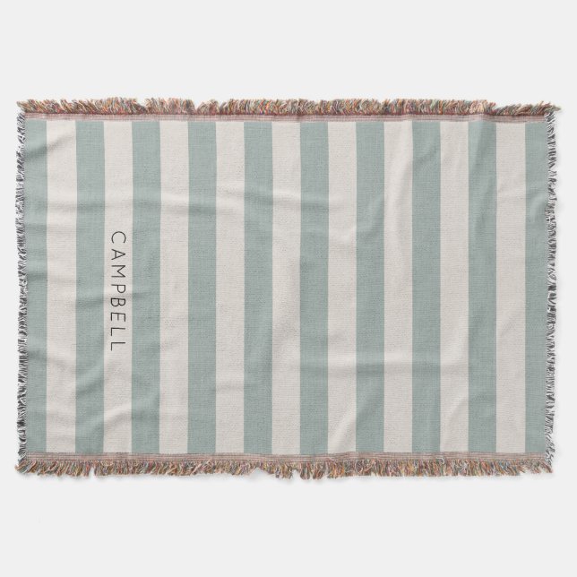 Blue and Ivory Stripes Name Monogram | Farmhouse Throw Blanket (Front)