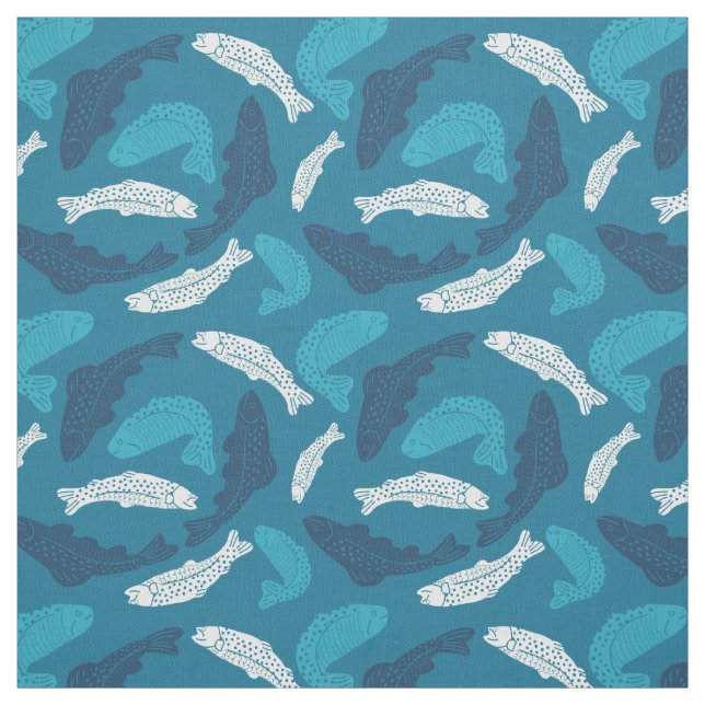 Blue and Ivory Trout, Fish Patterned Fabric (Swatch)