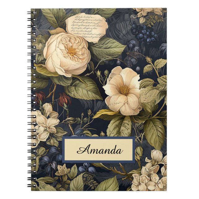 Blue and Ivory Vintage Elegant Flower Notebook  (Front)