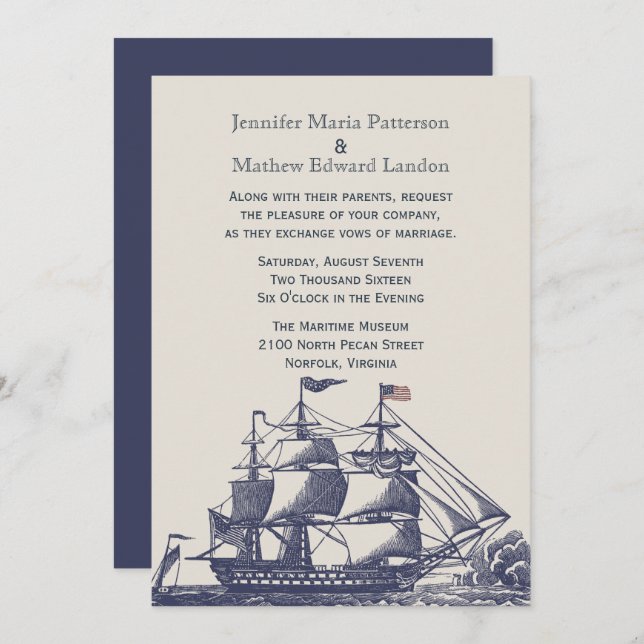 Blue and Ivory Vintage Ship Wedding Invitation (Front/Back)