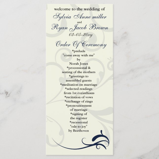 blue and ivory Wedding program Rack Card (Front)