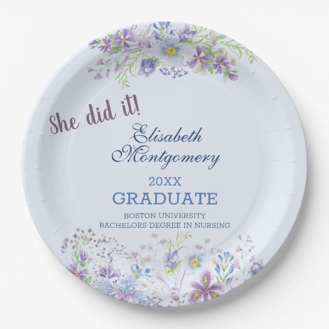 Blue and Lavender Floral Graduation Party Paper Plate (Front)