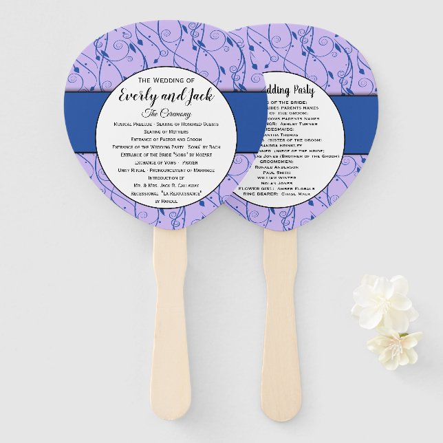 Blue and Lilac Floral Wedding Program Hand Fan (Front and Back)