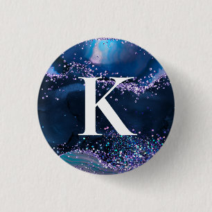 Blue and Lilac Glitter Agate Pattern Initial 3 Cm Round Badge