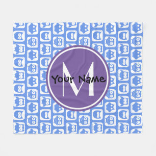 Blue and Lilac Owl Custom Monogram Personalized N1 Fleece Blanket