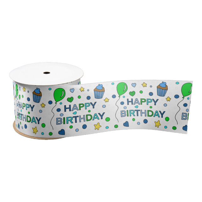 Blue and Lime Green Boy's Happy Birthday  Satin Ribbon (Spool)