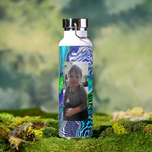 Blue and Lime Green Digital Pour Paint Personalise Water Bottle