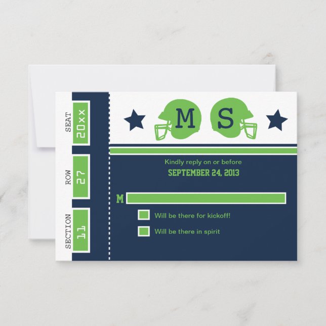 Blue and Lime Green Football Ticket Wedding RSVP Card (Front)