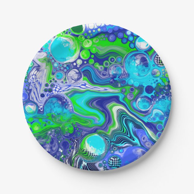Blue and Lime Green Marble Swirls Birthday Party  Paper Plate (Front)