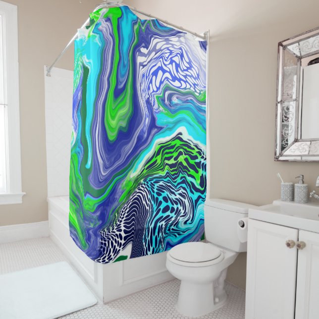 Blue and Lime Green Marble Swirls   Shower Curtain (In Situ)