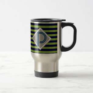Blue and lime green stripes monogram His Travel Mug