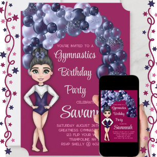 Blue and Magenta Girls Gymnastics Birthday Party Invitation