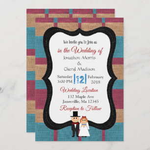 Blue and Maroon Burlap Wedding Invitation