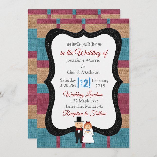 Blue and Maroon Burlap Wedding Invitation (Front/Back)