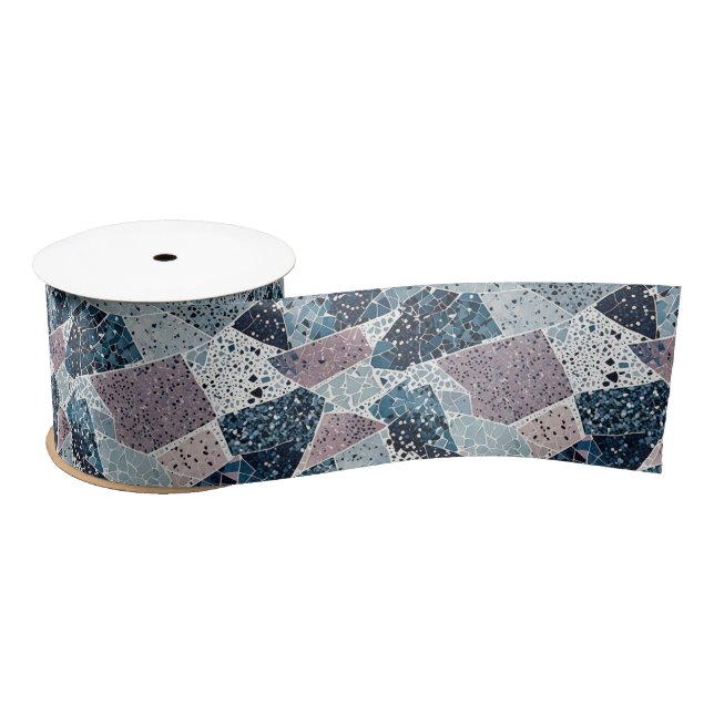 Blue and Mauve Abstract Terrazzo Design Satin Ribbon (Spool)