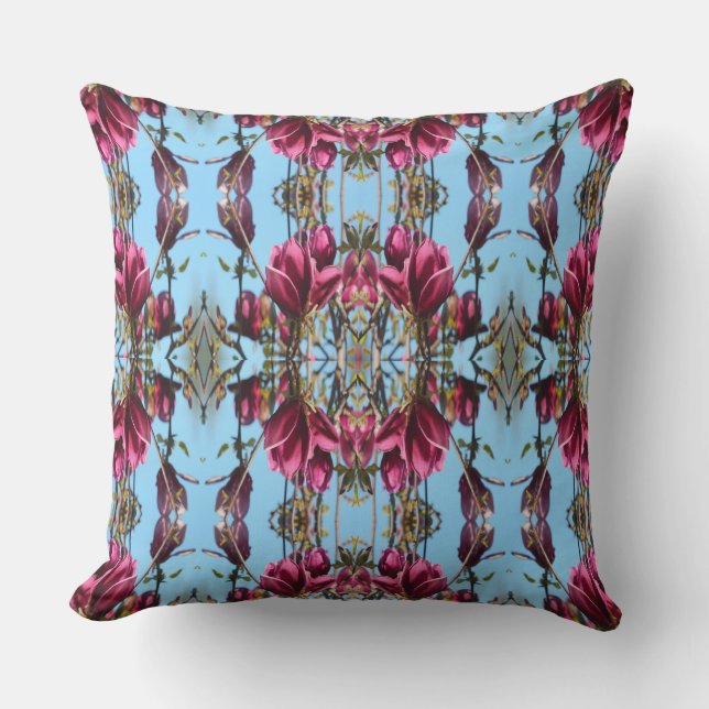 Blue and Mauve Tulip Magnolia Pattern Throw Pillow (Front)