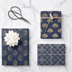 Blue and Metallic Gold Mermaid Theme Gifts Favour Wrapping Paper Sheet