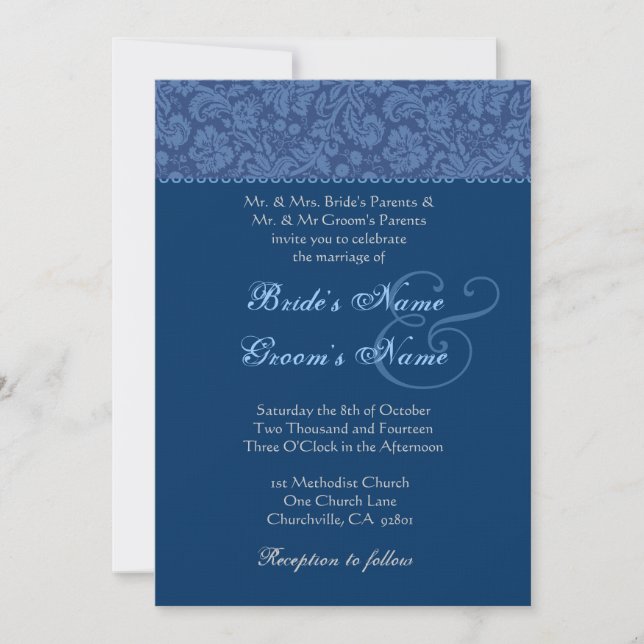 Blue and Midnight Swirl Damask Wedding Invitation (Front)