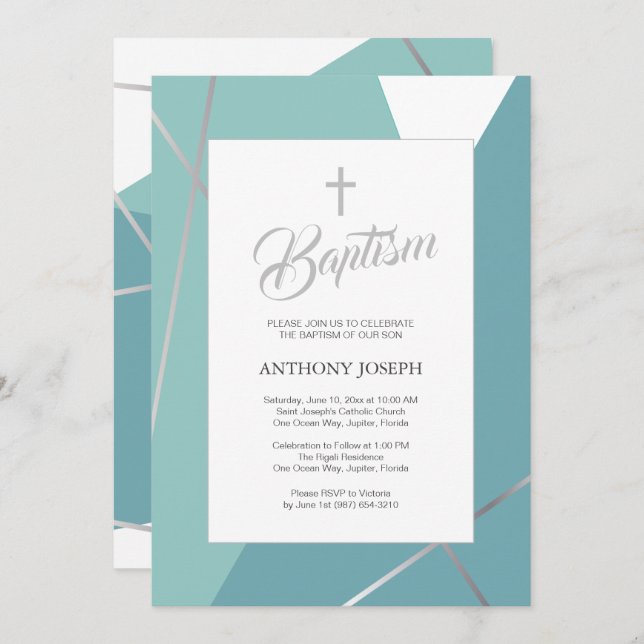 Blue and Mint Green Baptism Invitation (Front/Back)