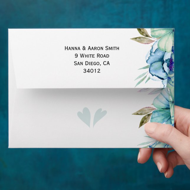 Blue and mint green watercolor garland wedding envelope (Hand)