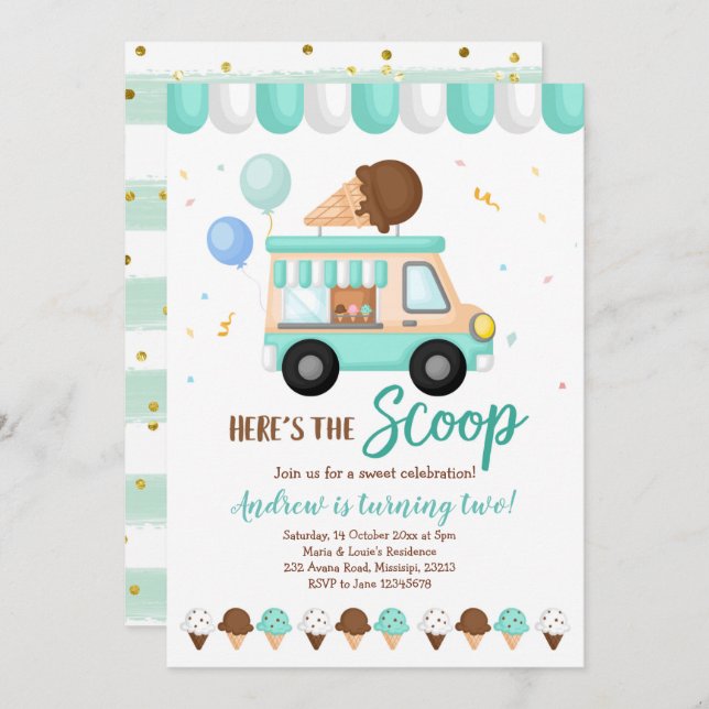 Blue and Mint Ice cream truck birthday party Invitation (Front/Back)