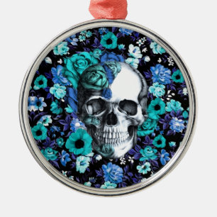 Blue and mint retro floral skull metal tree decoration