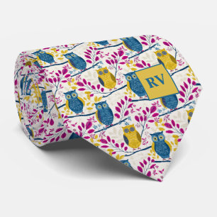 Blue and Mustard Yellow Owls on White Tie