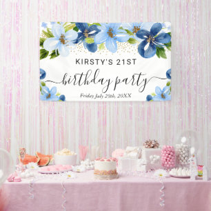 Blue and Navy Boho Flowers Birthday Welcome Banner