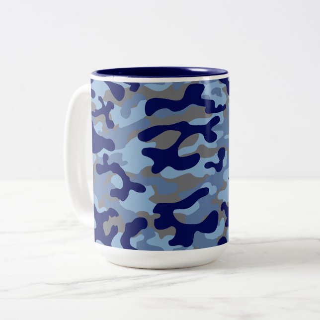 Blue And Navy Camouflage Pattern  Two-Tone Coffee Mug (Front Left)