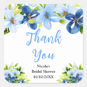 Blue and Navy Flowers Bridal Shower Thank You Square Sticker