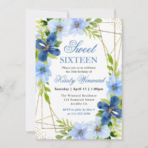 Blue and Navy Flowers Gold Frame Sweet 16 Invitation
