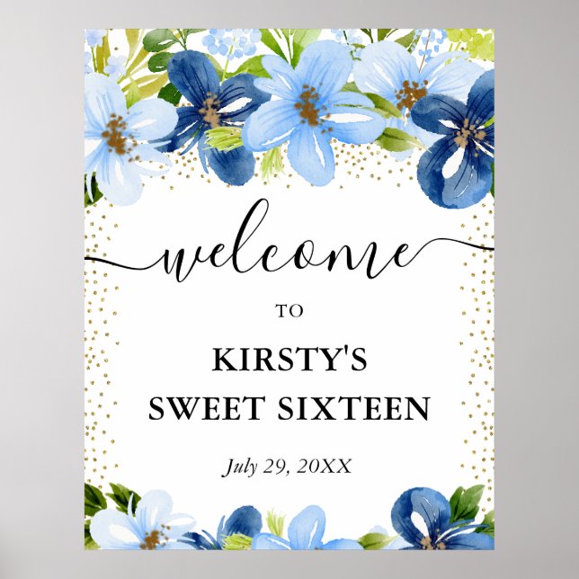 Blue and Navy Flowers Sweet 16 Welcome Poster (Front)