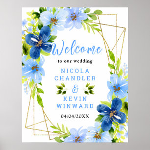 Blue and Navy Flowers Wedding Welcome Sign